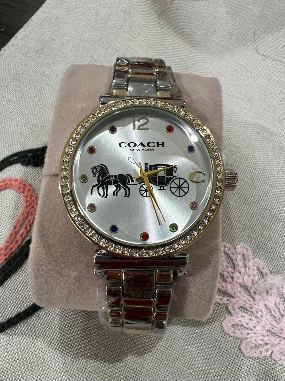 Silver-Tone Crystal Bezel Women’s Watch with Multicolored Markers